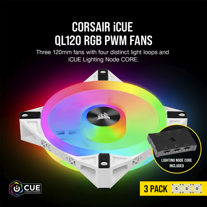 Bộ 3 quạt máy tính 120mm Corsair  QL120 WHITE RGB LED kèm Node Core - CO-9050104-WW