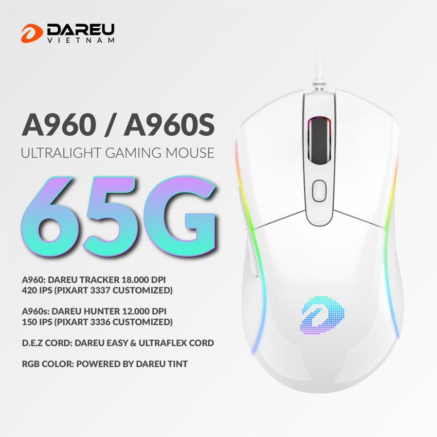 Chuột Gaming DAREU A960s ARTIC - ULTRALIGHT (HUNTER PWM3336, LED RGB)