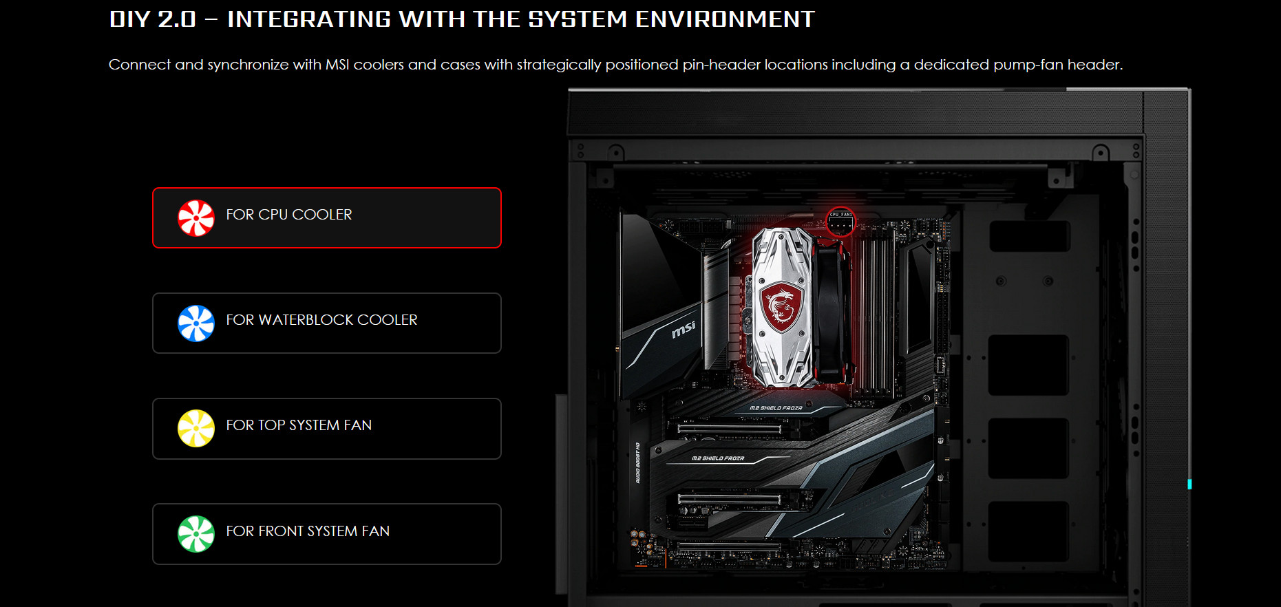Tản nhiệt nước CPU MSI MAG CORELIQUID 240R kết nối và đồng bộ toàn bộ tản nhiệt của MSI và case với vị trí chân cắm quạt PWM trên mainboard