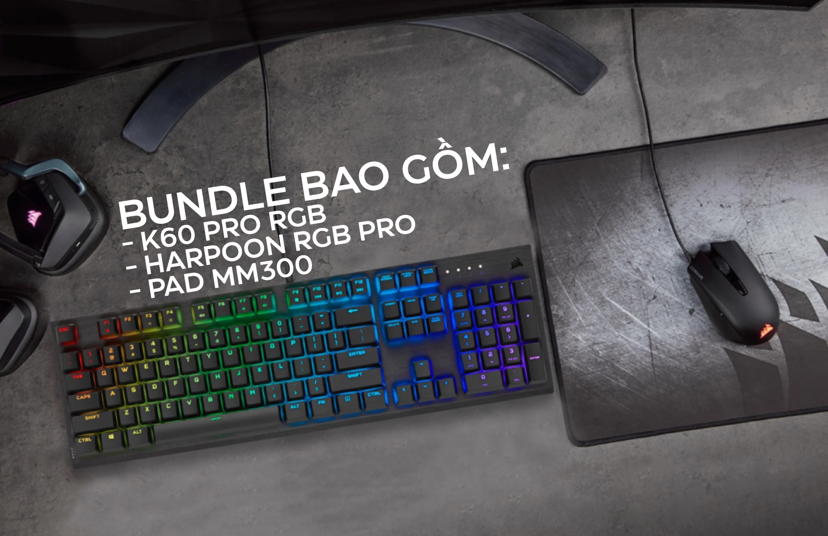 Bộ Bàn phím chuột bàn di Corsair 3in1 Gaming Bundle (USB/K60 Pro/Harpoon RGB Pro/MM300) (CH-910D519-NA)