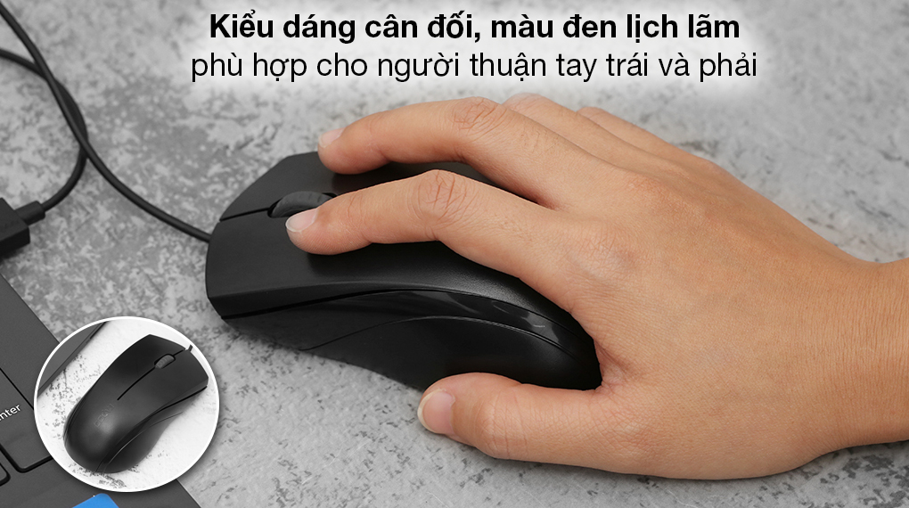 Chuột Có Dây Silent Rapoo N1200 Đen - Đường nét mềm mại, kiểu dáng cân đối, di chuyển dễ dàng