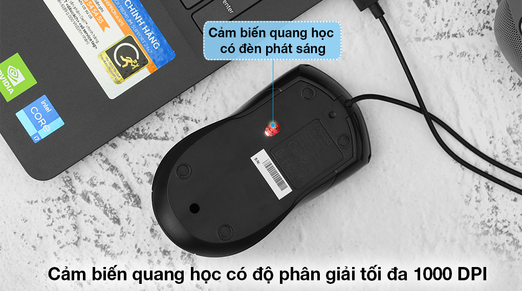 Chuột Có Dây Silent Rapoo N1200 Đen - Cảm biến quang học mạnh mẽ có đèn phát sáng, cho độ phân giải 1000 DPI