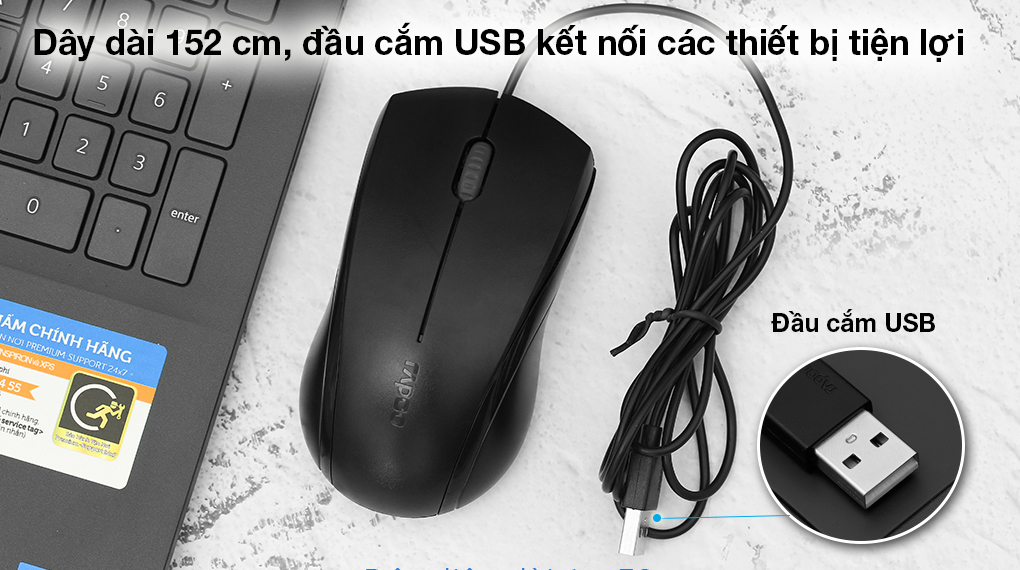 Chuột Có Dây Silent Rapoo N1200 Đen - Chuột có dây với chiều dài dây 152 cm, đầu cắm USB phổ biến kết nối tốt với laptop, PC